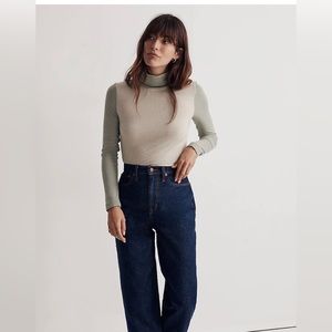 MADEWELL Tan Green Colorblock Ribbed Turtleneck Long Sleeve Top Shirt Sz L